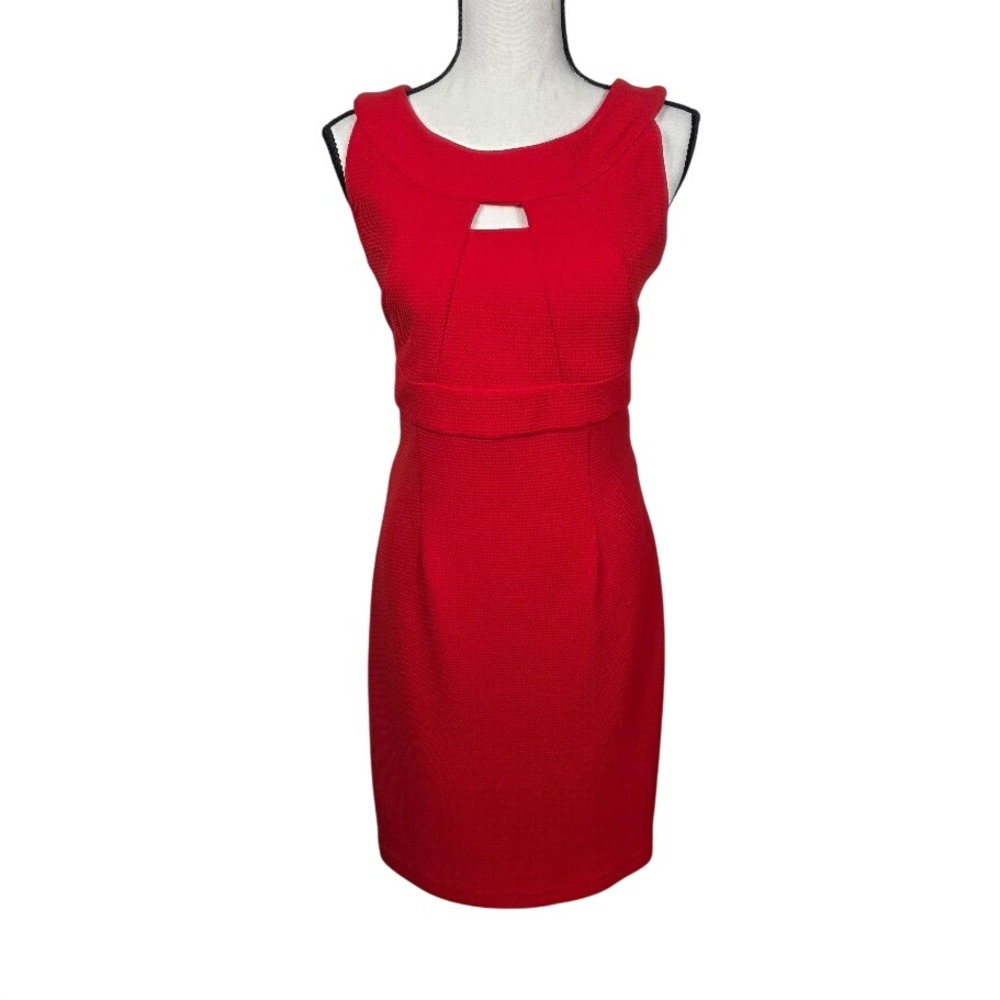 Joseph Ribkoff Dress Womens 10 Red Cutout Neck Textured Sheath Cocktail Career